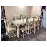 DISTRESSED WHITE PAINT DINING TABLE & CHAIRS