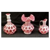 (3) FENTON CRANBERRY OPALESCENT COIN DOT VASES &