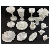 (14) FENTON WHITE MILK GLASS HOBNAIL GLASSWARE,
