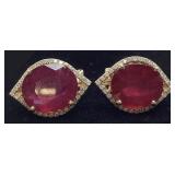 14KT YELLOW GOLD RUBY COMPOSITE & DIAMOND EARRINGS