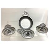 4 Vtg Pewter pieces Porringer, candlestick holders