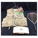 LL BEAN TROUT FISHING VEST, NET, TACKLE BOX &