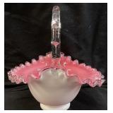 FENTON PEACH CREST RUFFLED RIM BASKET, 7.5in H