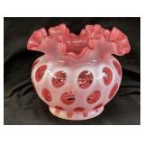 FENTON CRANBERRY OPALESCENT COIN DOT ROSE BOWL