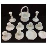 11 Pieces Of Fenton White Hobnail Glass, Candle