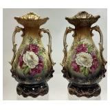 PAIR OF ANTIQUE EDWARDIAN MANTLE VASES, ROSE