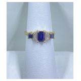 14k Yellow Gold 3 Stone Emerald cut Sapphire and