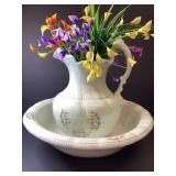 Vtg ceramic pitcher and wash basin hand painted