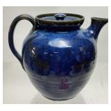 COBALT BLUE GLAZED POTTERY TEAPOT, 7.5in H