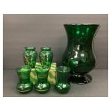 Vtg Forest Emerald Green Glass Candle Vase And 5