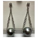 14KT WHITE GOLD GRAY PEARL & DIAMOND EARRINGS,