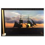 LARGE OIL ON CANVAS TALL SAILING SHIPS AGAINST