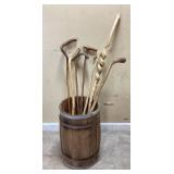 7 hand crafted canes in Vtg. banded barrel