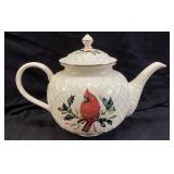 LENOX WINTER GREETINGS EMBOSSED TEAPOT, CARDINAL