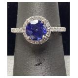 18KT WHITE GOLD SAPPHIRE & DIAMOND RING, SIZE 7