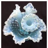 FENTON BLUE OPALESCENT MINI HOBNAIL 3 HORN EPERGNE