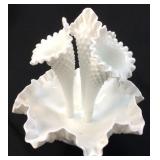 FENTON MILK GLASS 3 HORN HOBNAIL EPERGNE