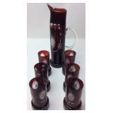 RUBY CUT TO CLEAR TANKARD PITCHER & 6 TUMBLERS