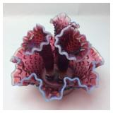 FENTON PLUM OPALESCENT HOBNAIL 3 HORN EPERGNE