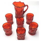 MOSSER INVERTED THISTLE RED PITCHER & 6 TUMBLERS