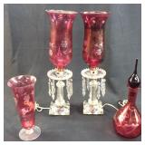 CRANBERRY CUT TO CLEAR LAMPS WITH VASE
