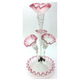ANTIQUE VICTORIAN CRANBERRY CREST 3 HORN EPERGNE