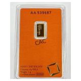 Valcambi Suisse 1 Gram Gold Assayer Bar w/Card