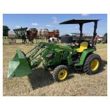 John Deere 3025E w/300E Loader/Bucket 4WD, 96hrs