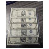 Lot of 5 U.S. 1953 $5 Silver Certificates