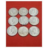 Lot of 9 Kennedy Half Dollars 1964 (90% Silver)