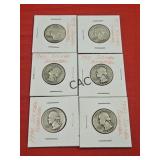 Lot of 6 Washington Silver Quarters (1943-1958)