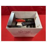 Box Lot of New Knives, Pistol Mounts and More