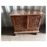 2 Door Mahogany Cabinet Heavy Carved W/Drawers