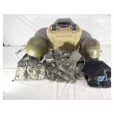 Box Lot of Assorted Helmets, Hats and Military