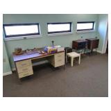 Desk, microwave, mini frige, stands