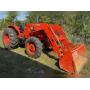 Kubota with loader, JD round bailer, square bailer, many other implements and barn items.