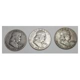 3 Franklin 1/2 Dollars 1951, 1952, 1952