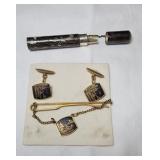 Tie Bar Cuff Links & Sterling Toothpick Holder