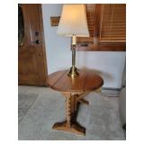 Round Dropleaf Oak Side Table & Brass Lamp