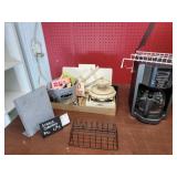 Shop supplies, signs, tripods, coffee maker