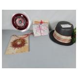 Christmas hat, napkin note cards, upcycled glass
