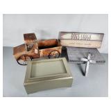 Metal truck, memory box, stand, sign, & wood cross