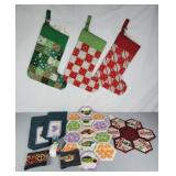 Quilted stocking, table toppers