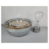 Hour glass & tin bowl