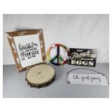 Metal signage, wood sign, tambourine