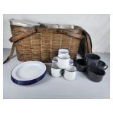 Vintage picnic basket & galvanized dinnerware