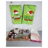 Bells, bead spinner, ornaments, Grinch towels