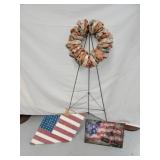 Patriotic paper wreath, wood flag wall hangings