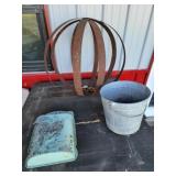 Metal Sphere, Metal Wall Mount Mailbox, & Bucket