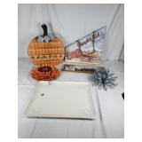 Fall wall art, pumpkin platter, decorative flowers